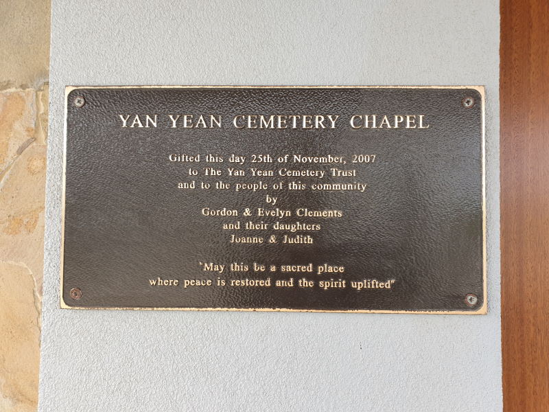 Yan Yean Cemetery Chapel Plaque